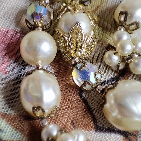 Three 3 Strand Faux Pearl Gold Tone Collar Necklace Clear AB Beads Japan Clasp - Picture 15 of 16